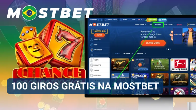 Banner promocional destaca 100 giros grátis ao lado de elementos de caça-níqueis na MostBet Brasil.