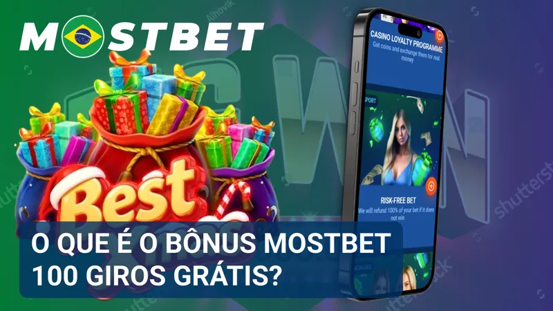 Interface promocional apresenta a oferta de 100 giros grátis disponível para utilização em slots participantes da MostBet.