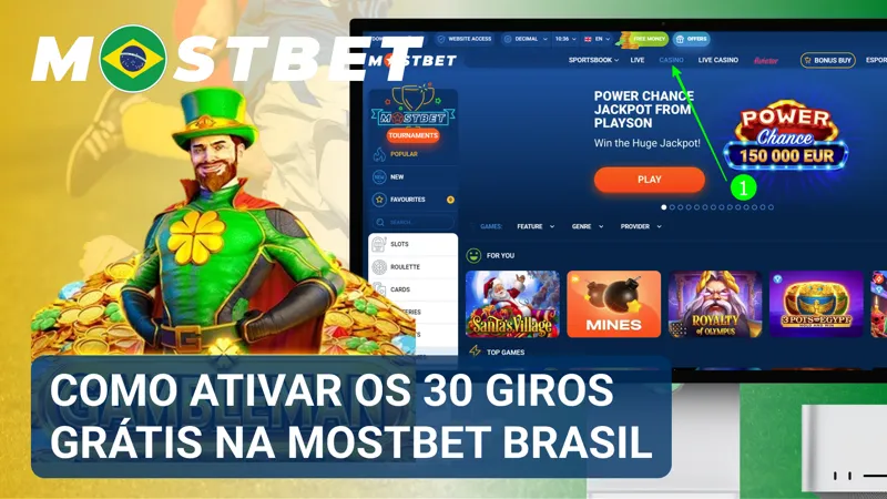 Pessoa ativa a oferta de 30 Giros Grátis na conta MostBet Brasil antes de iniciar um caça-níqueis participante.