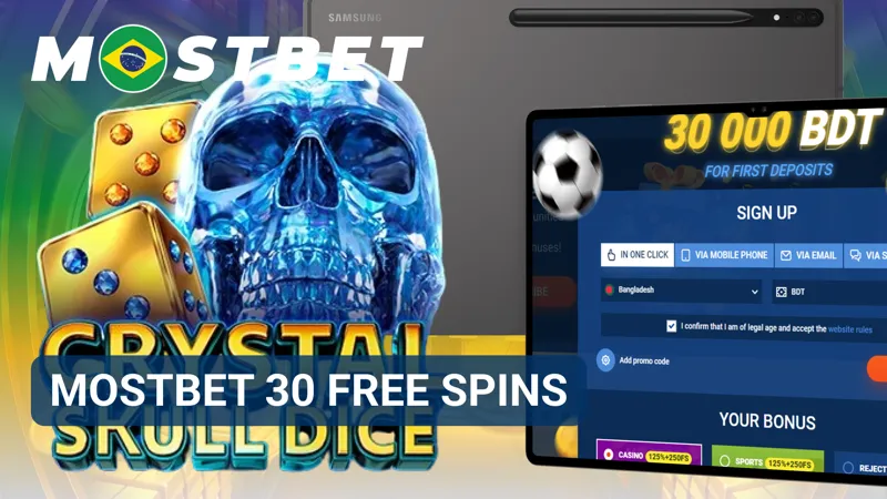 Tela promocional exibe a oferta de 30 giros grátis da MostBet Brasil junto a elementos visuais de caça-níqueis.