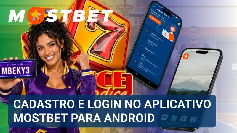 Formulário de cadastro e tela de acesso do aplicativo Mostbet exibidos em um smartphone Android.
