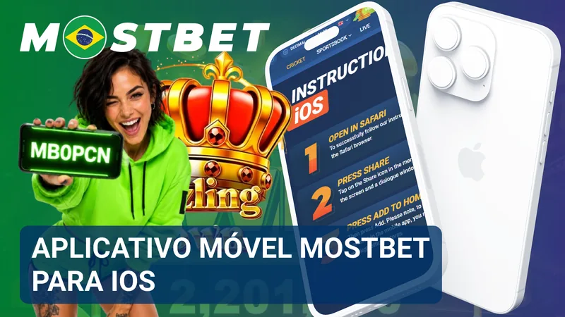 Tela de um iPhone com o aplicativo móvel Mostbet aberto e o menu principal disponível.