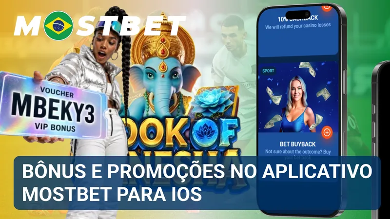 Ofertas de bônus e promoções exibidas na seção de campanhas do aplicativo Mostbet para iOS.