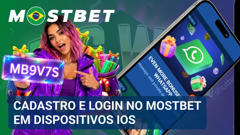 Formulário de cadastro e tela de login do Mostbet abertos em um dispositivo iOS.