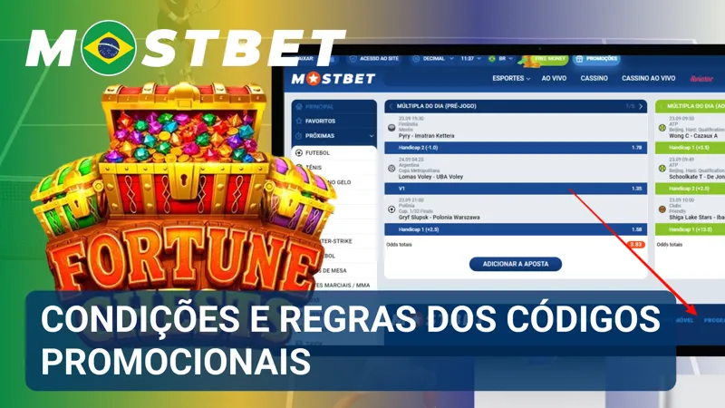Painel informativo resume as regras de utilização e validade dos códigos promocionais da MostBet.