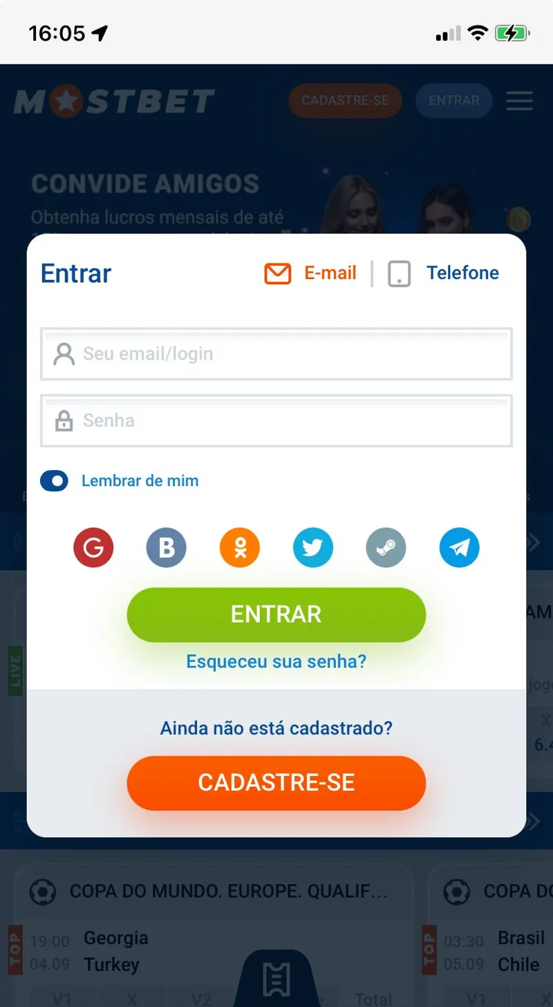 Faça login na sua conta pessoal através da versão móvel do site da MostBet