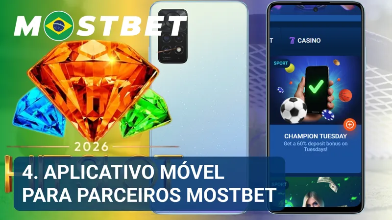 Smartphone exibe o aplicativo móvel do Programa de Afiliados MostBet com métricas e ferramentas de gestão.