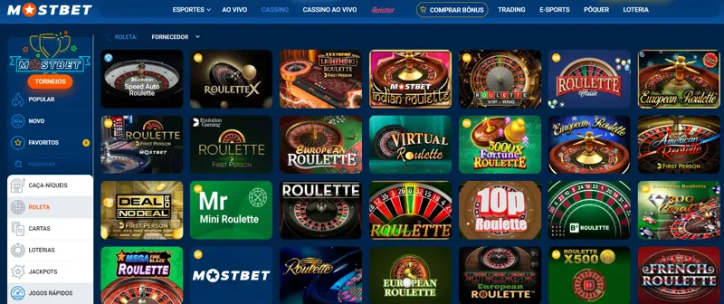 Tipos de roleta no site MostBet