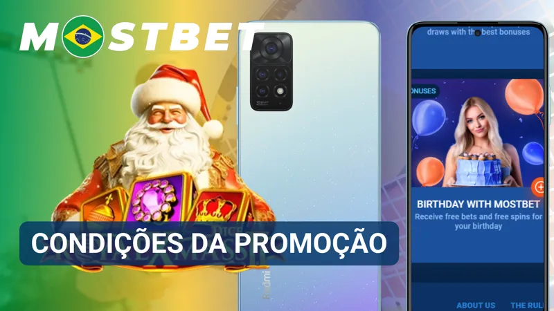 Quadro informativo destacando os termos da promoção, o rollover e as regras do bônus da MostBet.